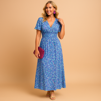 Damen Kleid mit kurzen Ärmeln, V-Ausschnitt und Blumenmuster mit Smokdetail-Maxi Dress-Alpenkind