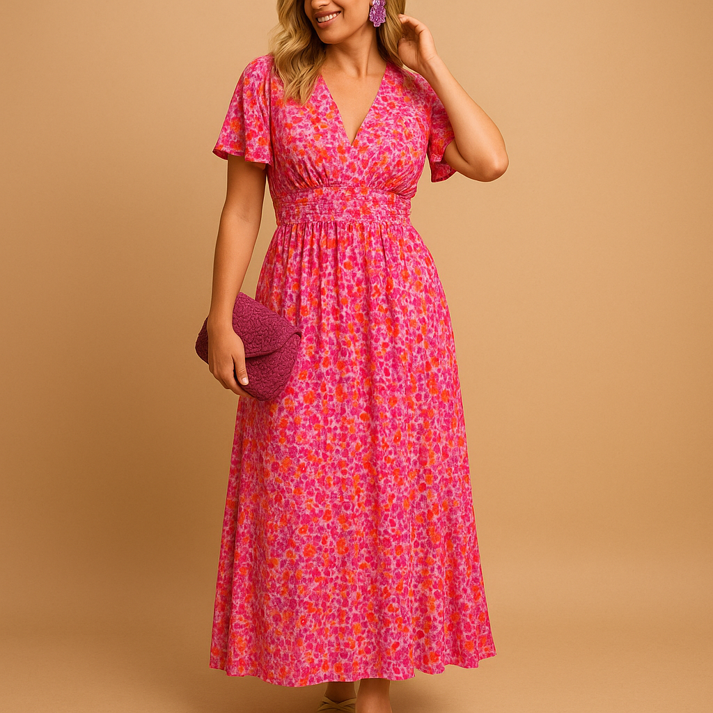 Damen Kleid mit kurzen Ärmeln, V-Ausschnitt und Blumenmuster mit Smokdetail-Maxi Dress-Alpenkind