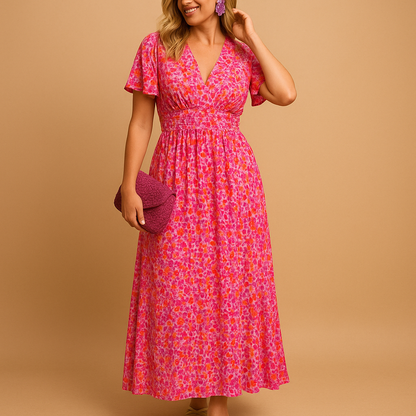 Damen Kleid mit kurzen Ärmeln, V-Ausschnitt und Blumenmuster mit Smokdetail-Maxi Dress-Alpenkind