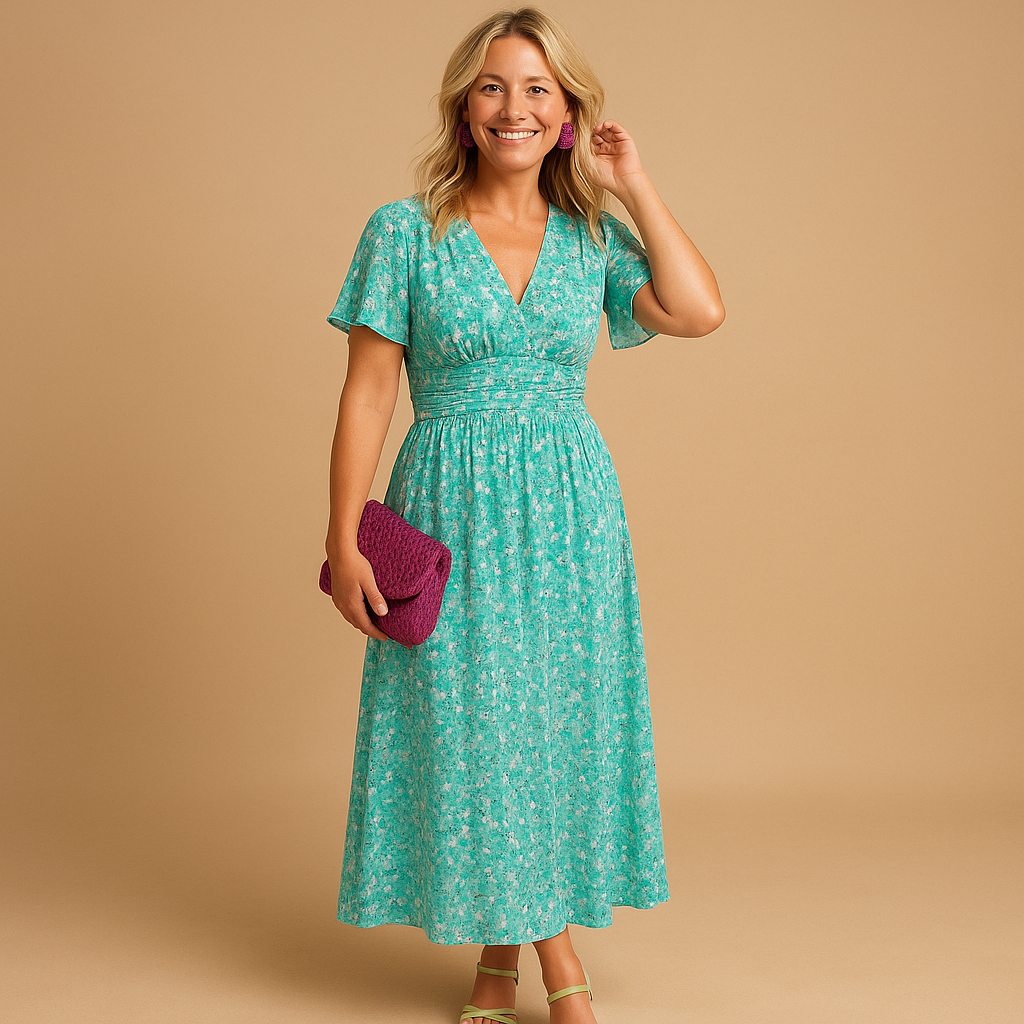 Damen Kleid mit kurzen Ärmeln, V-Ausschnitt und Blumenmuster mit Smokdetail-Maxi Dress-Alpenkind