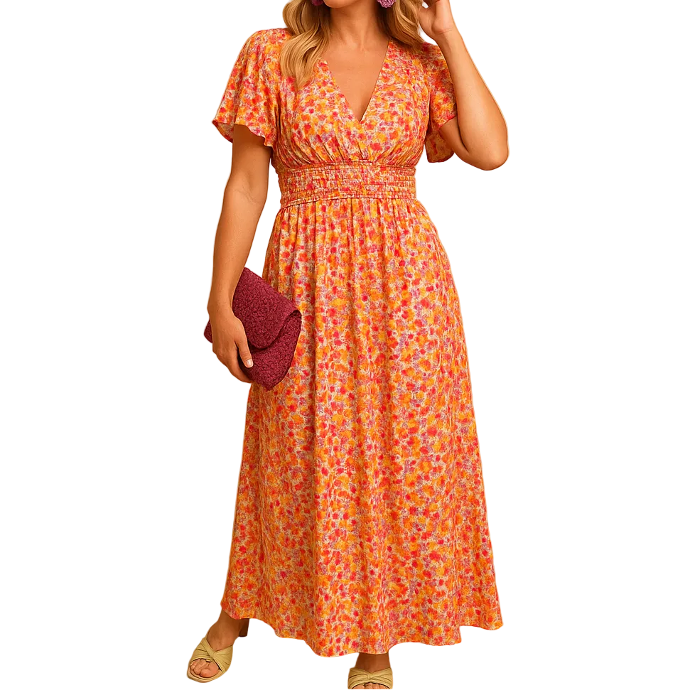 Damen Kleid mit kurzen Ärmeln, V-Ausschnitt und Blumenmuster mit Smokdetail-Maxi Dress-Alpenkind