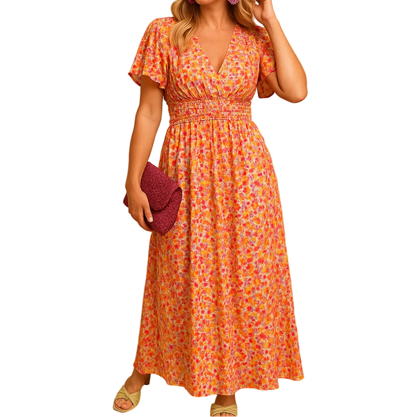 Damen Kleid mit kurzen Ärmeln, V-Ausschnitt und Blumenmuster mit Smokdetail-Maxi Dress-Alpenkind
