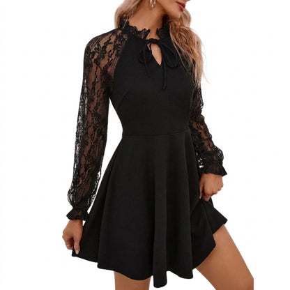 Damen-Kleid mit Spitzenärmeln, Stehkragen und Bindedetail-Mini Dress-Alpenkind