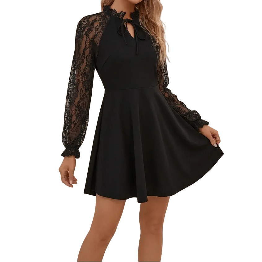 Damen-Kleid mit Spitzenärmeln, Stehkragen und Bindedetail-Mini Dress-Alpenkind