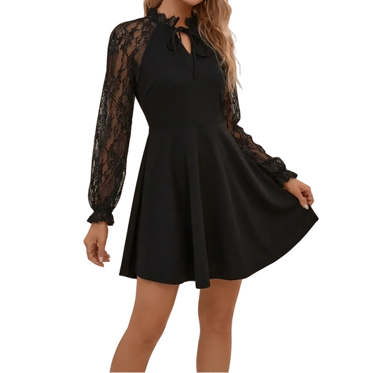 Damen-Kleid mit Spitzenärmeln, Stehkragen und Bindedetail-Mini Dress-Alpenkind