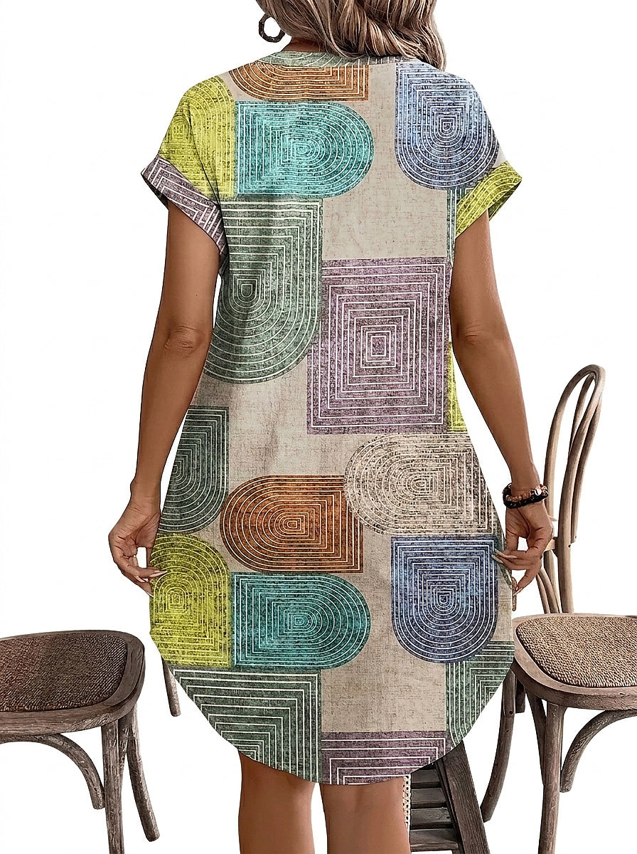 Damen-Kleid mit V-Ausschnitt, Knopfleiste und geometrischem Muster-Mini Dress-Alpenkind
