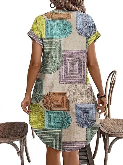 Damen-Kleid mit V-Ausschnitt, Knopfleiste und geometrischem Muster-Mini Dress-Alpenkind