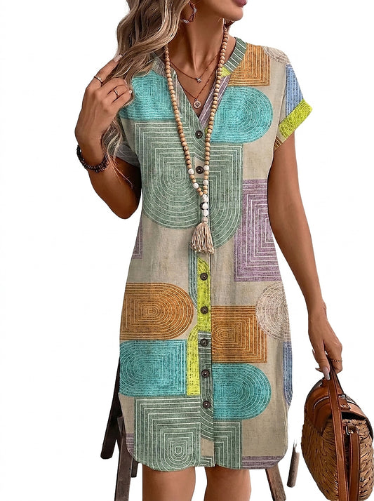 Damen-Kleid mit V-Ausschnitt, Knopfleiste und geometrischem Muster-Mini Dress-Alpenkind