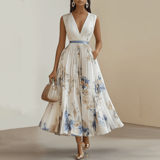 Damen Kleid mit V-Ausschnitt und plissiertem Rock-Midi Dress-Alpenkind