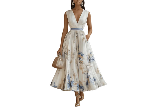 Damen Kleid mit V-Ausschnitt und plissiertem Rock-Midi Dress-Alpenkind