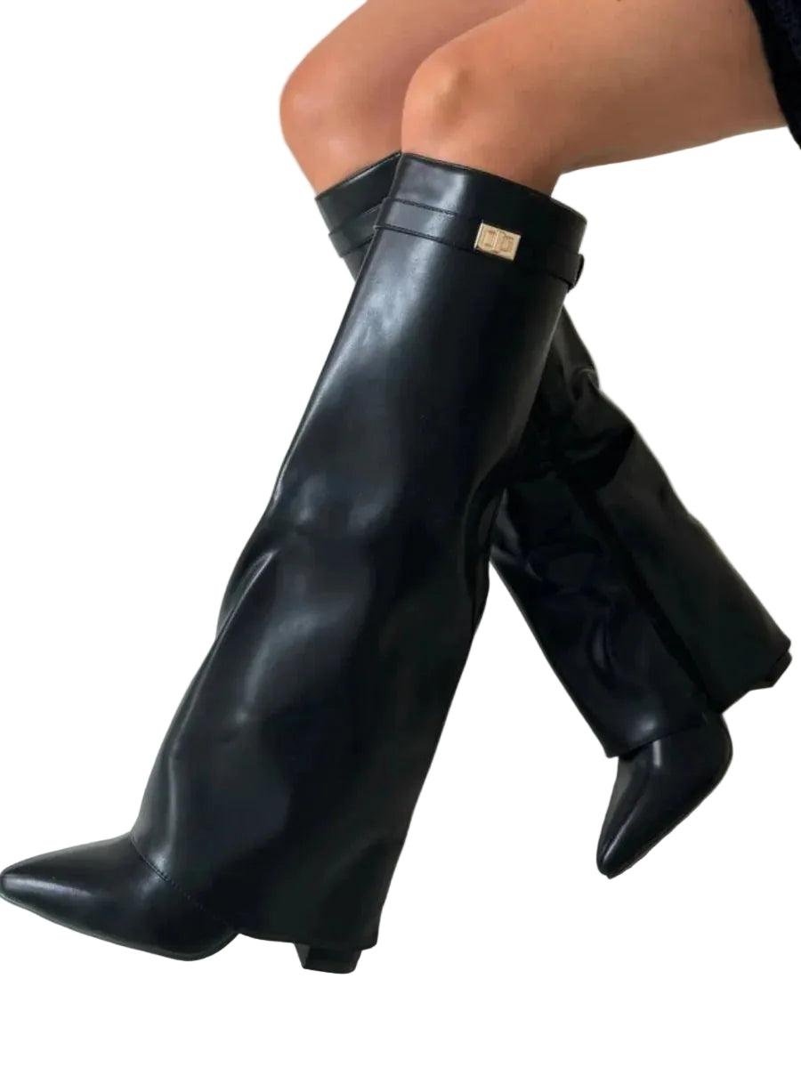 Damen Kniehohe Stiefel mit Spitz zulaufender Form und Blockabsatz-Women Footwear-Alpenkind