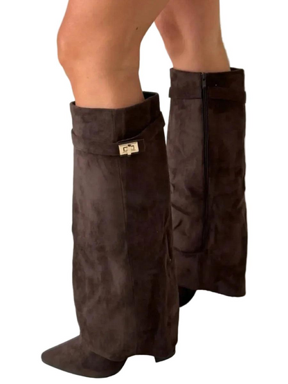 Damen Kniehohe Stiefel mit Spitz zulaufender Form und Blockabsatz-Women Footwear-Alpenkind