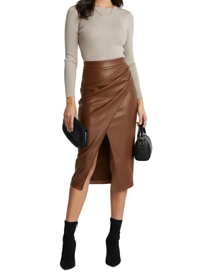 Damen knielanger Rock mit hohem Bund und Schlitz vorne