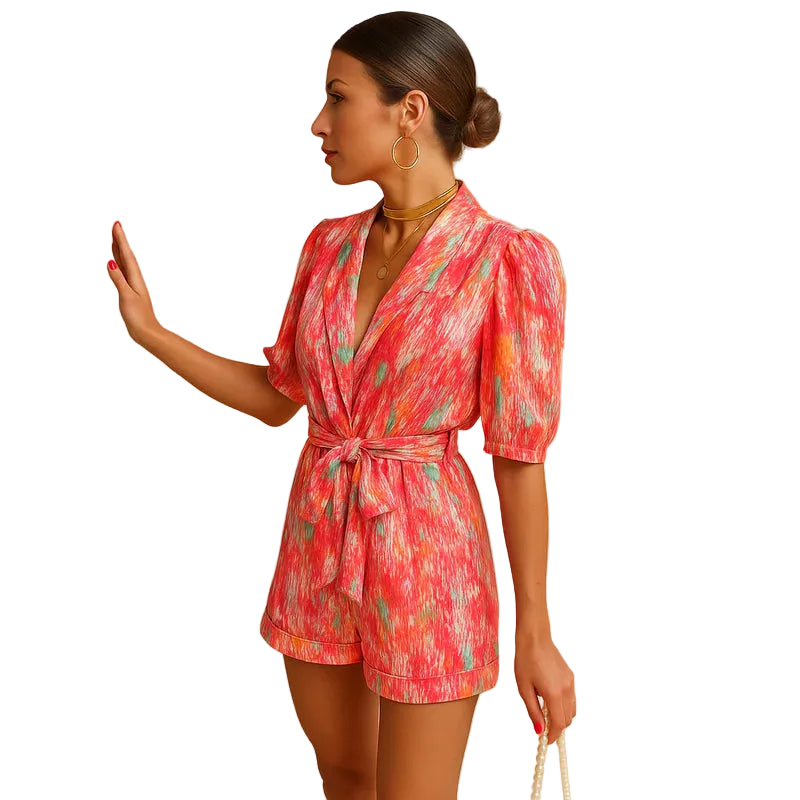 Damen Kurz-Jumpsuit mit Blumenmuster, V-Ausschnitt und Taillengürtel-Jumpsuits for women-Alpenkind