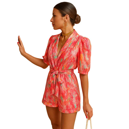 Damen Kurz-Jumpsuit mit Blumenmuster, V-Ausschnitt und Taillengürtel-Jumpsuits for women-Alpenkind