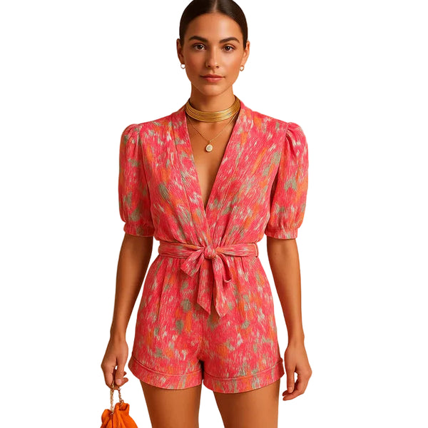Damen Kurz-Jumpsuit mit Blumenmuster, V-Ausschnitt und Taillengürtel-Jumpsuits for women-Alpenkind