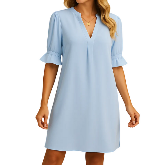Damen Kurzarm Kleid mit V-Ausschnitt und Rüschenärmeln-Mini Dress-Alpenkind