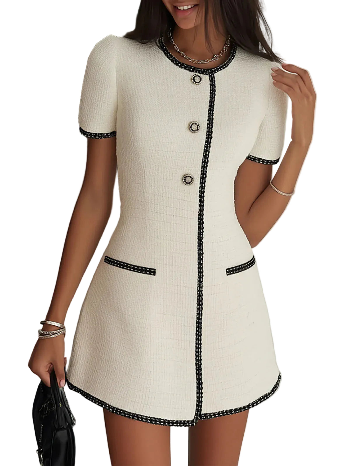 Damen Kurzarm Mini Kleid mit Knopfleiste und Kontrastbesatz-Mini Dress-Alpenkind