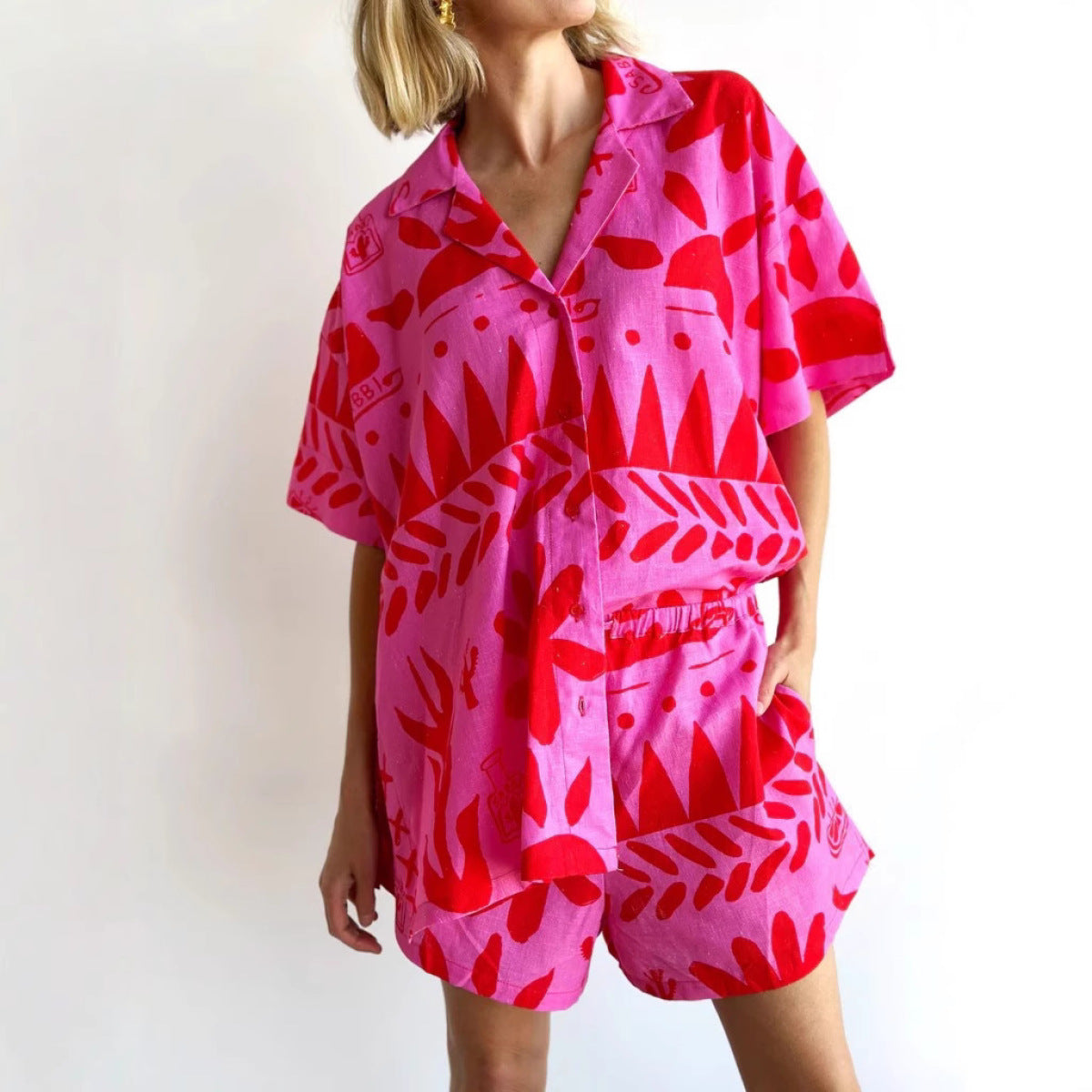 Damen Kurzarmhemd und Shorts Set mit abstraktem Muster-Sets for women-Alpenkind