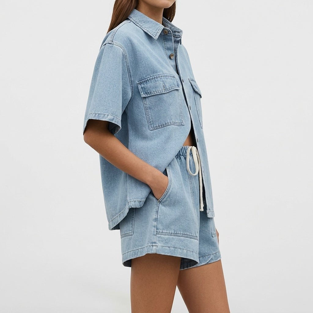 Damen Kurzarmhemd und Shorts Set mit Brusttaschen und Kordelzug-Sets for women-Alpenkind