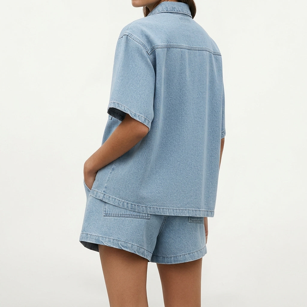 Damen Kurzarmhemd und Shorts Set mit Brusttaschen und Kordelzug-Sets for women-Alpenkind