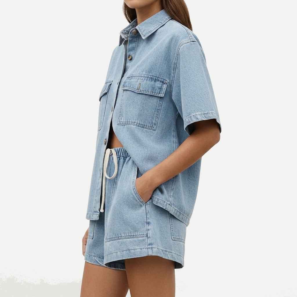 Damen Kurzarmhemd und Shorts Set mit Brusttaschen und Kordelzug-Sets for women-Alpenkind