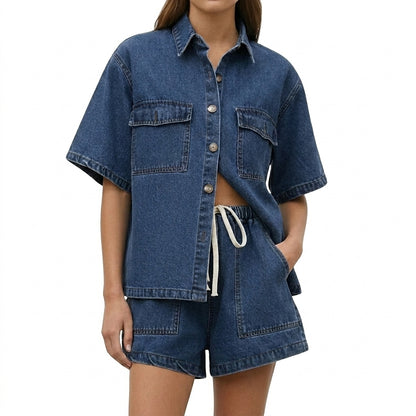 Damen Kurzarmhemd und Shorts Set mit Brusttaschen und Kordelzug-Sets for women-Alpenkind