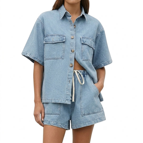 Damen Kurzarmhemd und Shorts Set mit Brusttaschen und Kordelzug-Sets for women-Alpenkind