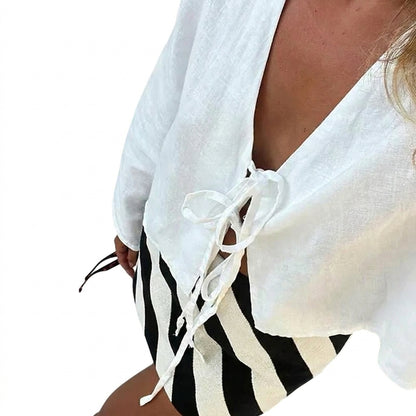 Damen-Kurzbluse mit V-Ausschnitt und Bindebändern-Blouse for women-Alpenkind