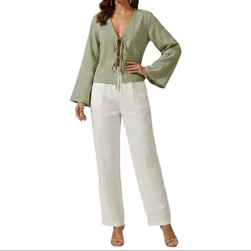 Damen-Kurzbluse mit V-Ausschnitt und Bindebändern-Blouse for women-Alpenkind