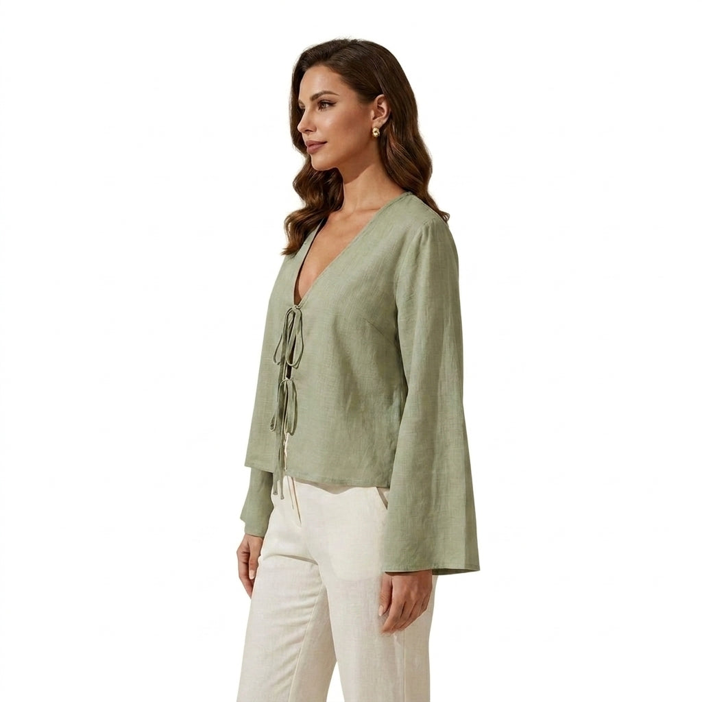 Damen-Kurzbluse mit V-Ausschnitt und Bindebändern-Blouse for women-Alpenkind