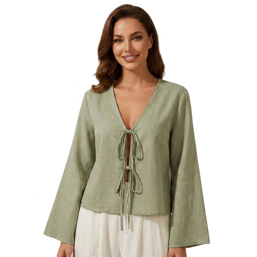 Damen-Kurzbluse mit V-Ausschnitt und Bindebändern-Blouse for women-Alpenkind