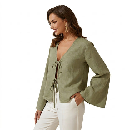 Damen-Kurzbluse mit V-Ausschnitt und Bindebändern-Blouse for women-Alpenkind