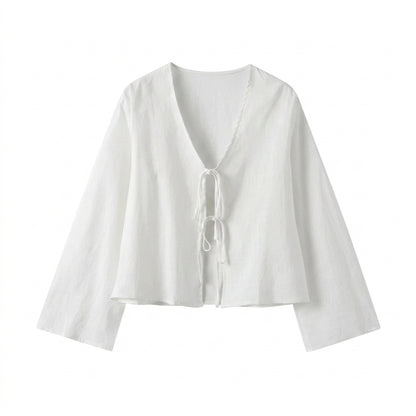 Damen-Kurzbluse mit V-Ausschnitt und Bindebändern-Blouse for women-Alpenkind