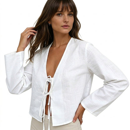 Damen-Kurzbluse mit V-Ausschnitt und Bindebändern-Blouse for women-Alpenkind