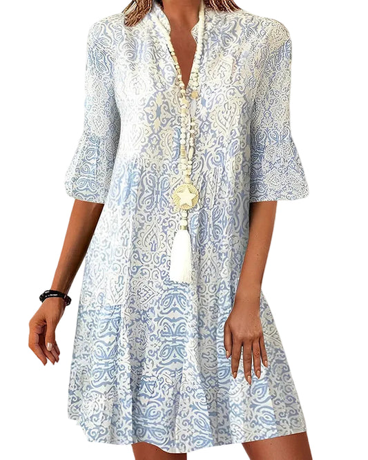 Damen kurzes Kleid mit Muster, V-Ausschnitt und ausgestellten Ärmeln-Mini Dress-Alpenkind