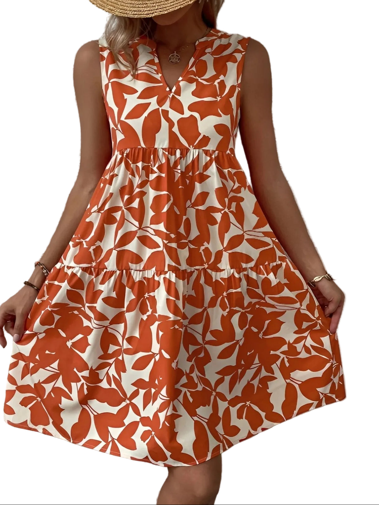 Damen Kurzkleid ohne Ärmel mit V-Ausschnitt und gestuftem Rock-Midi Dress-Alpenkind