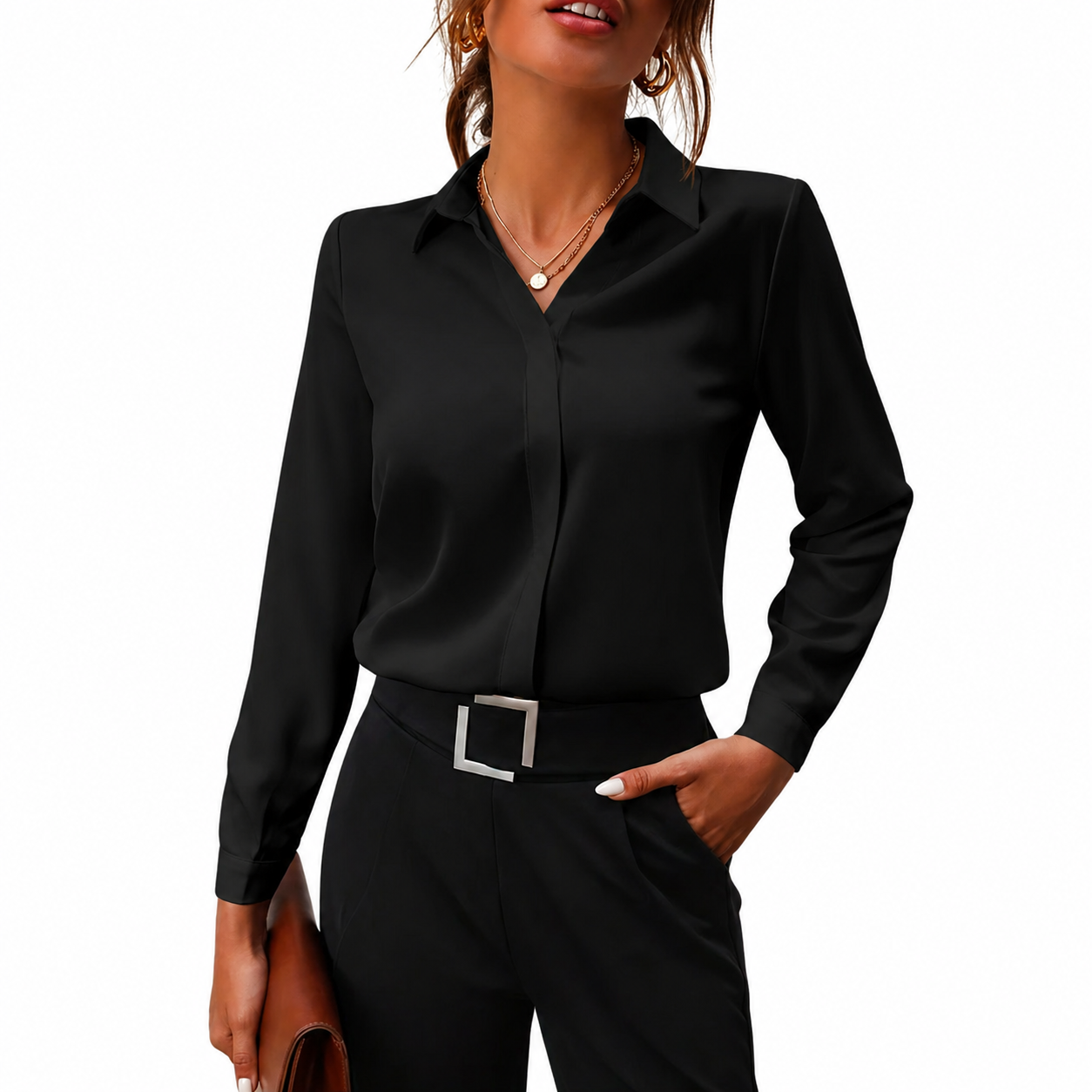 Damen Langarm Bluse mit Kragen und verdeckter Knopfleiste-Shirts for women-Alpenkind