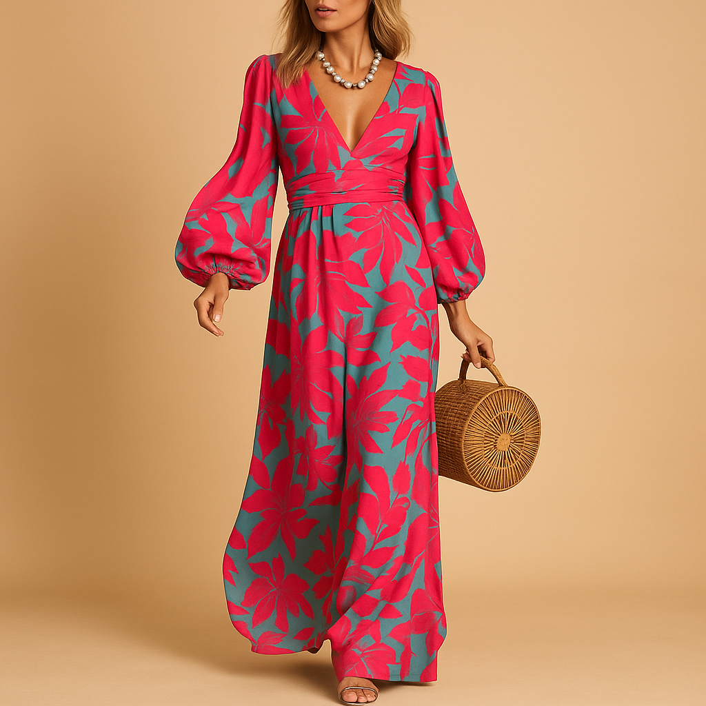 Damen Langarm Maxikleid mit V-Ausschnitt und geraffter Taille-Maxi Dress-Alpenkind