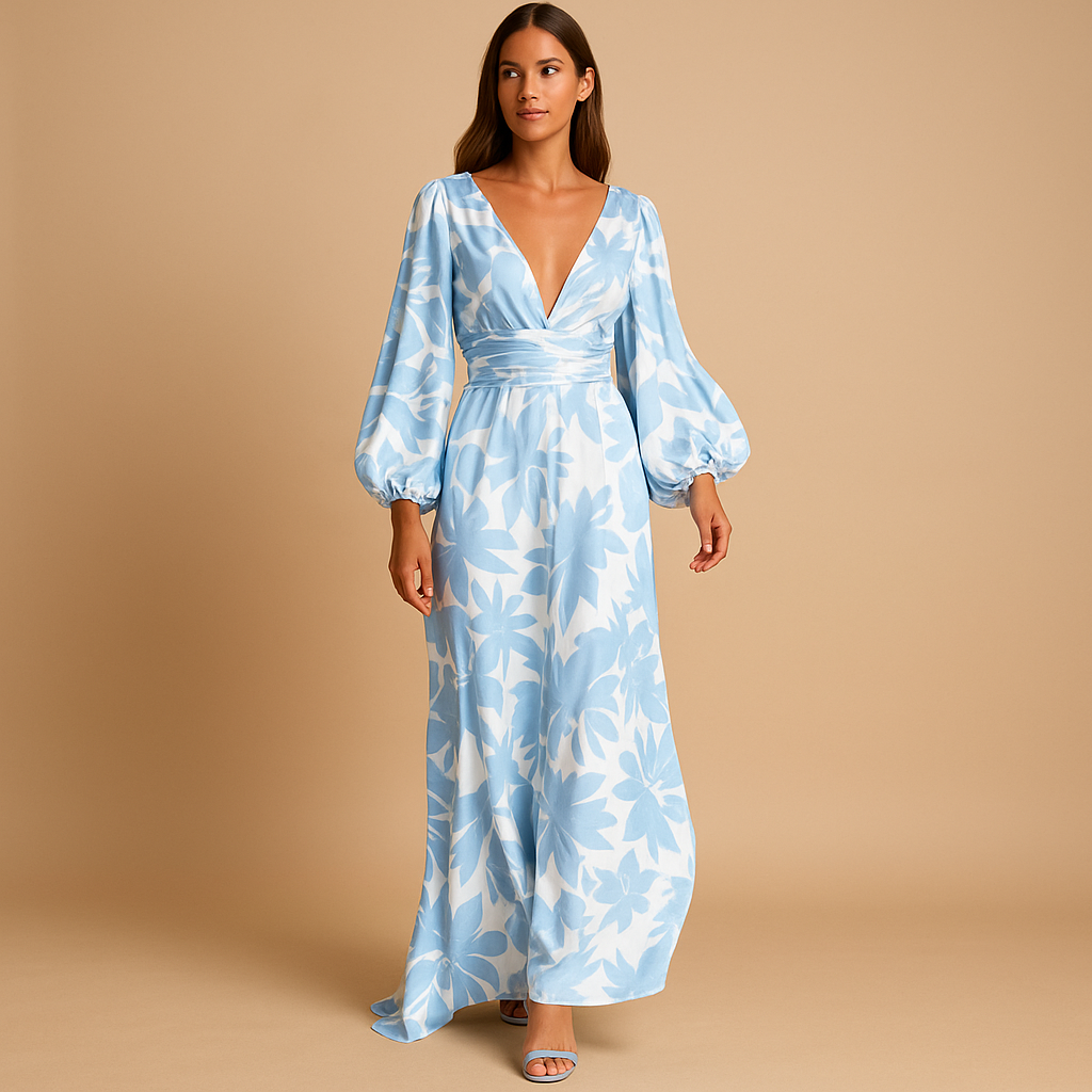 Damen Langarm Maxikleid mit V-Ausschnitt und geraffter Taille-Maxi Dress-Alpenkind