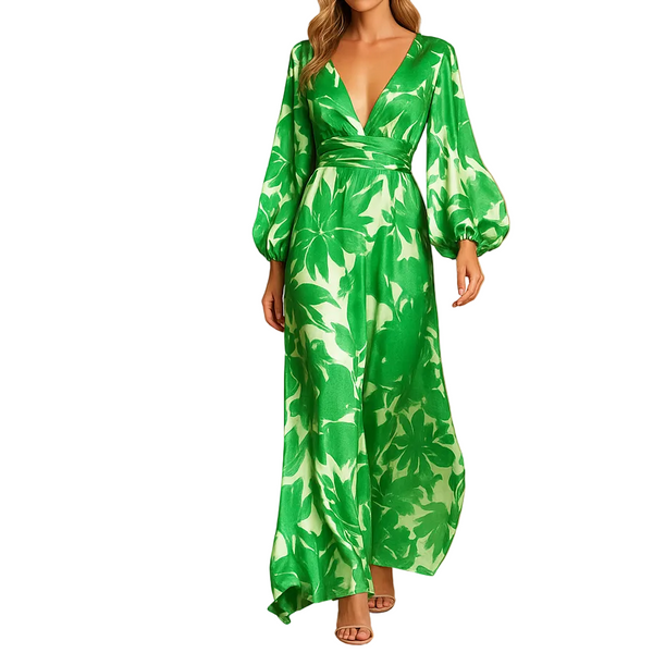 Damen Langarm Maxikleid mit V-Ausschnitt und geraffter Taille-Maxi Dress-Alpenkind