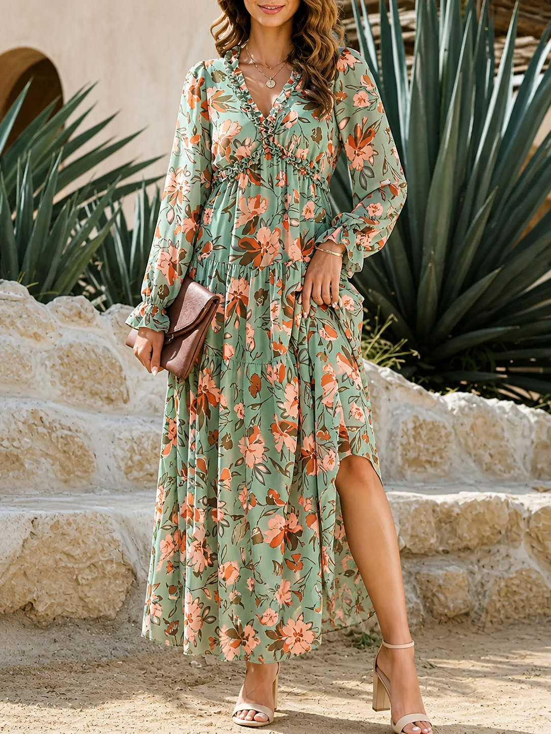 Damen Langarm Maxikleid mit V-Ausschnitt und gestuftem Rock mit Blumenmuster-Maxi Dress-Alpenkind