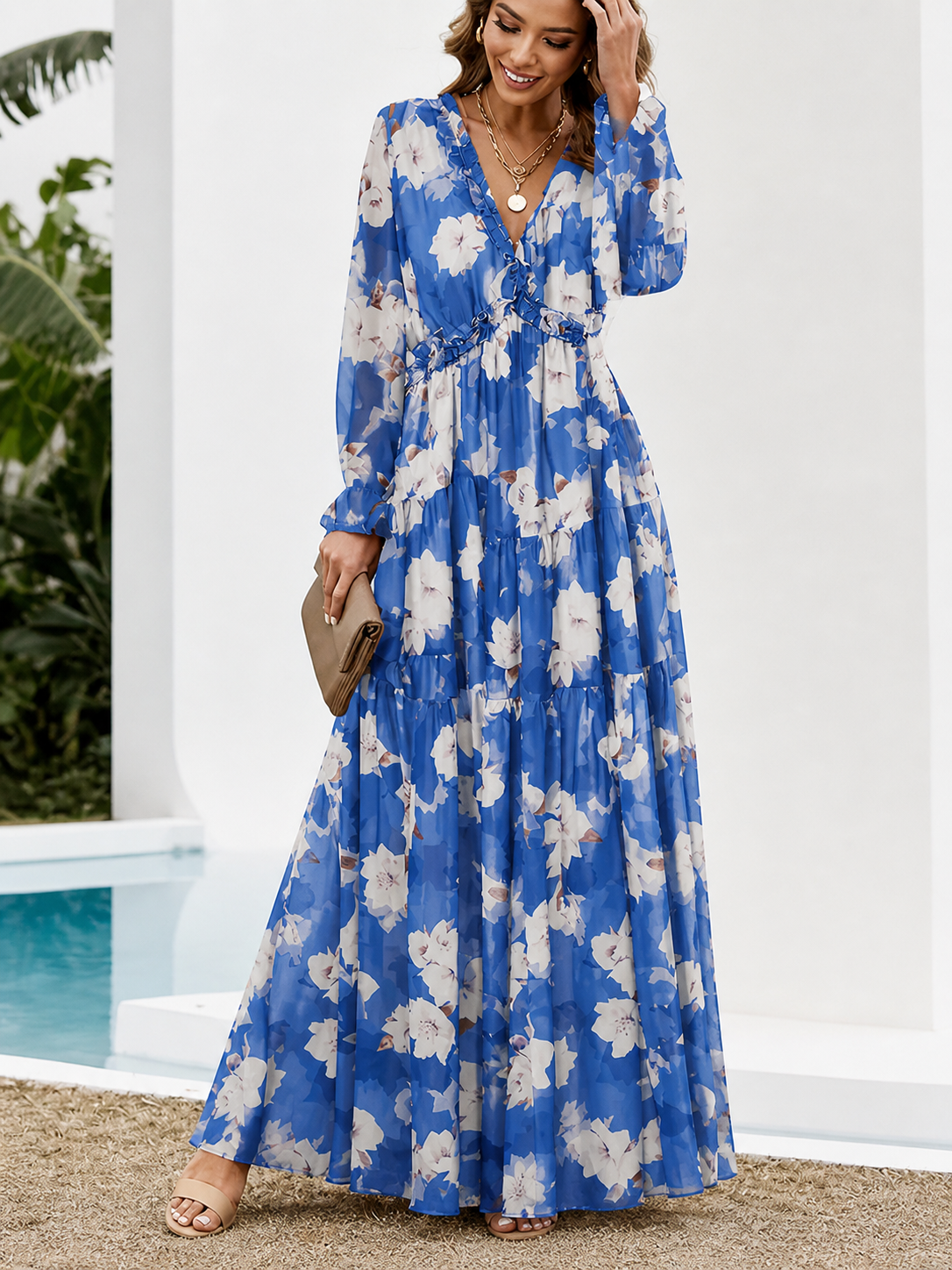 Damen Langarm Maxikleid mit V-Ausschnitt und gestuftem Rock mit Blumenmuster-Maxi Dress-Alpenkind
