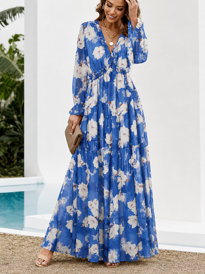 Damen Langarm Maxikleid mit V-Ausschnitt und gestuftem Rock mit Blumenmuster-Maxi Dress-Alpenkind