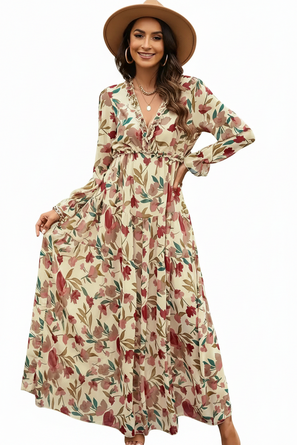 Damen Langarm Maxikleid mit V-Ausschnitt und gestuftem Rock mit Blumenmuster-Maxi Dress-Alpenkind