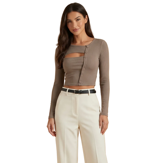Damen-Langarm-Oberteil mit asymmetrischem Ausschnitt, Knopfleiste und Rippenstruktur-Tops for women-Alpenkind