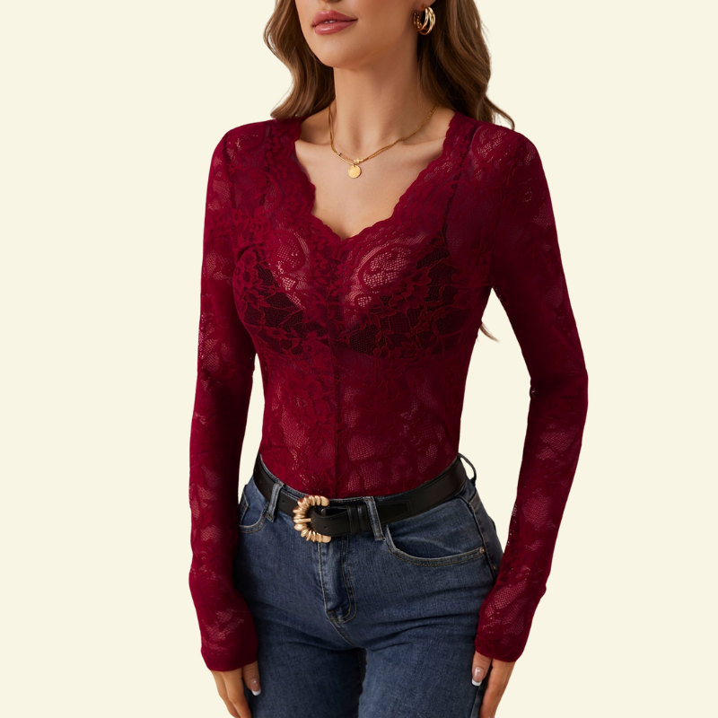 Damen Langarm Spitzenbluse mit V-Ausschnitt und gewellter Kante-Blouse for women-Alpenkind