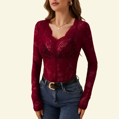 Damen Langarm Spitzenbluse mit V-Ausschnitt und gewellter Kante-Blouse for women-Alpenkind