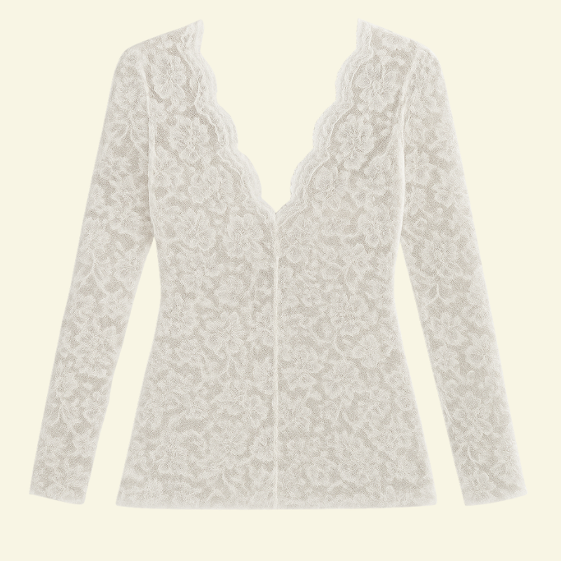 Damen Langarm Spitzenbluse mit V-Ausschnitt und gewellter Kante-Blouse for women-Alpenkind