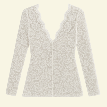 Damen Langarm Spitzenbluse mit V-Ausschnitt und gewellter Kante-Blouse for women-Alpenkind